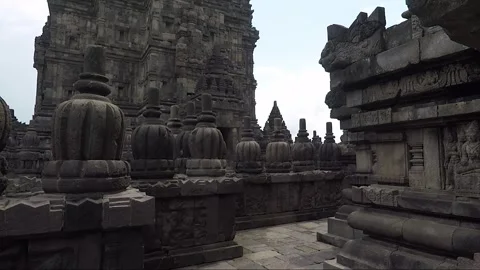 Pinnacles, Bas reliefs on the terrace, Vishnu Temple, Prambanan, Java, Indonesia Stock Footage 249750134