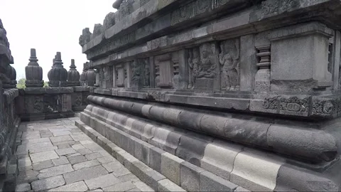 Pinnacles, Bas reliefs on the terrace, Vishnu Temple, Prambanan, Java, Indonesia Stock Footage 249828630