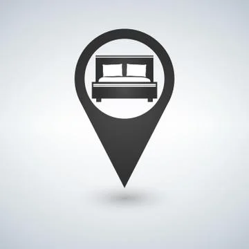 Pinpoint hotel accommodation, map point isolated icon with bed symbol, vector Stock Illustration