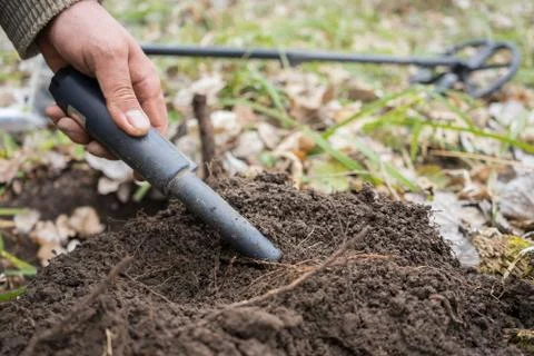 Pinpointer metal detector in hand. Search coins with a pinpointer Stock Photos