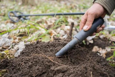Pinpointer metal detector in hand. Search coins with a pinpointer Stock Photos