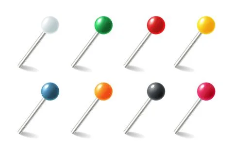 Pins. Realistic colored pointers. 3D thumbtacks set for attaching notes. Plastic Illustrazione stock