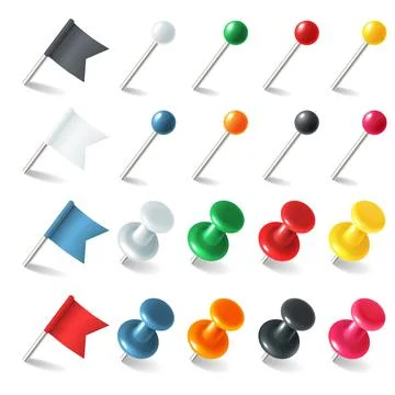 Pins tacks flags. Pointer colored marker pin flag, 3D thumbtacks tacks for Illustrazione stock