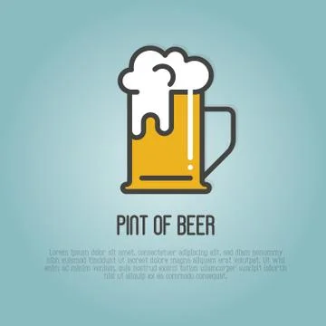 Pint of beer with white foam. Thin line vector illustration for brewery Stock Illustration