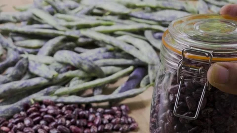 Pinto beans jar placed by hand on table with green beans, 4K Stock Footage 341705305