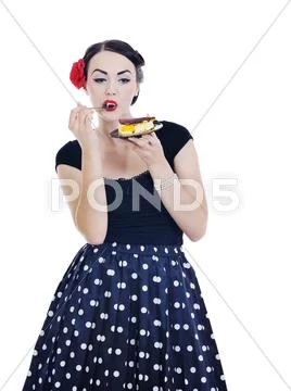 Pinup retro woman with travel bag isolated Stock Photos