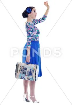 Pinup retro woman with travel bag isolated Stock Photos
