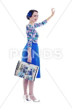 Pinup retro woman with travel bag isolated Stock Photos