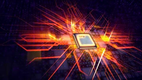 A pioneering 3d rendering of a square CPU processor placed askew in the viole 스톡 일러스트