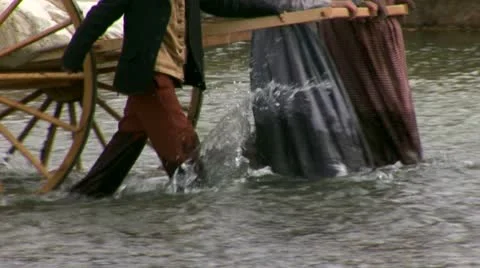 Pioneers crossing river in fall or autumn Stock Footage 11365130