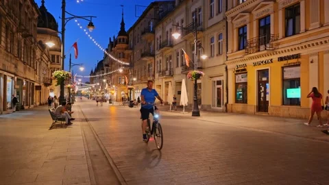 Piotrkowska Street in Lodz at Night Stock Footage