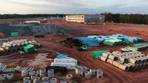 Pipe and precast laydown below a new data hall, Louisa County Stock Footage 346333556