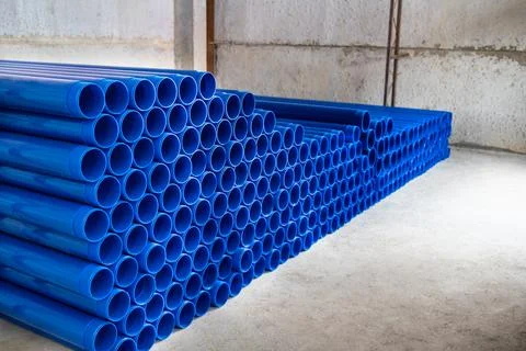 Pipe blue plastic. Finished plastic pipes industry. Texture and background. P Stock Photos