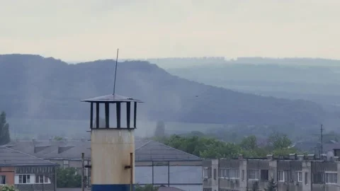 Pipe from boiler from which smoke comes out in summer. Heating in hot season Stock-Footage 131338935