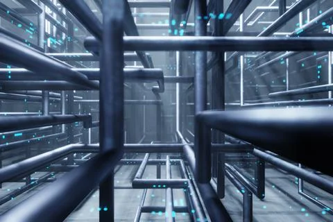 Pipe of electricity line Server room datacenter background 3D rendering Illustrazione stock