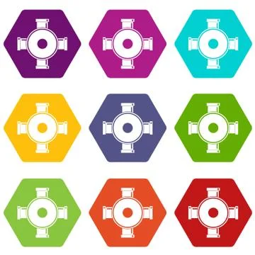 Pipe fitting icon set color hexahedron Stock Illustration