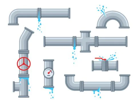Pipe with leaking water. Broken pipes with leakage, plastic pipeline rupture Stock Illustration