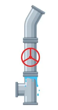 Pipe with leaking water. Broken sewer and water supply. Broken steel and plastic Stock Illustration