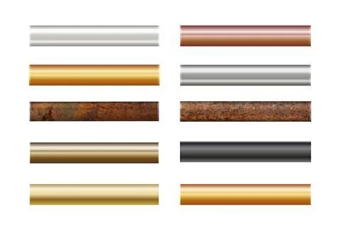 Pipe set isolated on background. Chrome, rusty, steel, golden, copper and iron Stock Illustration