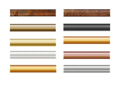 Pipe set isolated on background. Chrome, rusty, steel, golden, copper and iron Stock Illustration