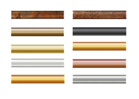 Pipe set isolated on background. Chrome, rusty, steel, golden, copper and iron Stock Illustration