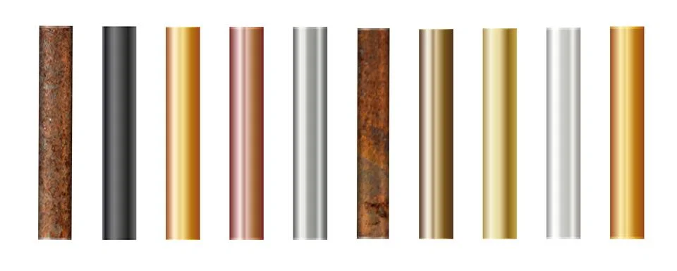 Pipe set isolated on background. Chrome, rusty, steel, golden, copper and iron Stock Illustration