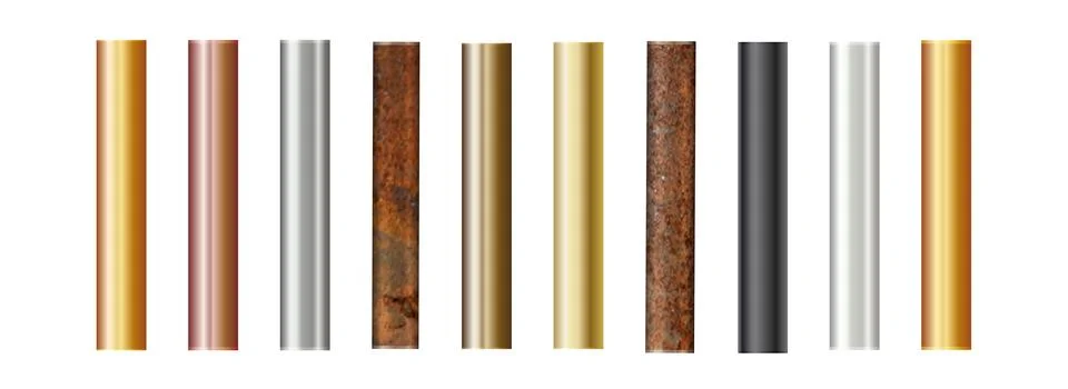Pipe set isolated on background. Chrome, rusty, steel, golden, copper and iron Stock Illustration