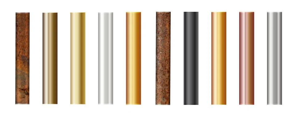 Pipe set isolated on background. Chrome, rusty, steel, golden, copper and iron Stock Illustration