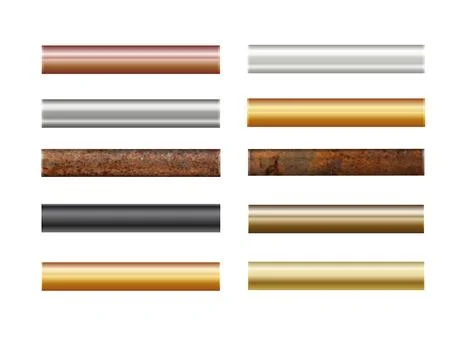 Pipe set isolated on background. Chrome, rusty, steel, golden, copper and iron Stock Illustration