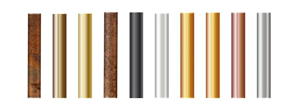 Pipe set isolated on background. Chrome, rusty, steel, golden, copper and iron Stock Illustration