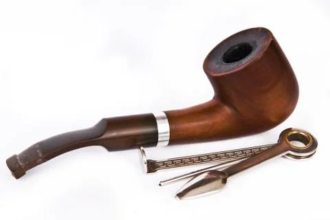 Pipe smoking set on white background Stock Photos