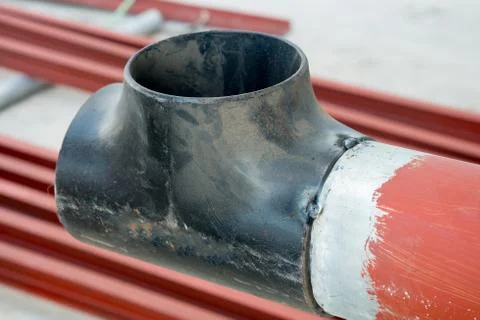 Pipe welded on the pipeline construction. Stock Photos