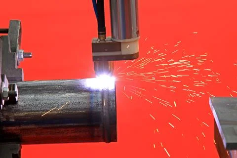 Pipe Welding Robot Sparks Stock Photos