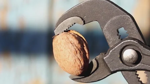 Pipe wrench splitting walnut on blurred background close up 库存影片 167278933