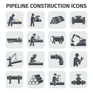 Pipeline construction icons set with workers, heavy machinery, pipes, valve.. Stock Illustration