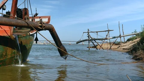 Pipeline pumping system on boat for sand dredging. Stock Footage 102412523