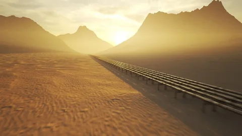 Pipeline running through the desert during sunset. Video stock 92331339