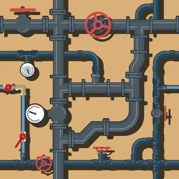 Pipeline system. Seamless pattern. With taps and pressure gauges. Background Stock Illustration