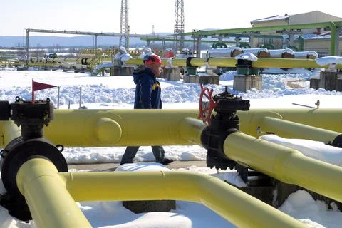 Pipelines in a compression station Stock Photos