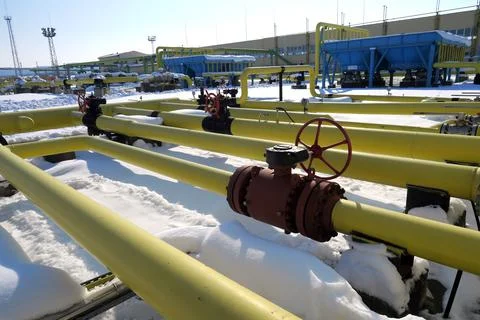 Pipelines in a compression station Stock Photos