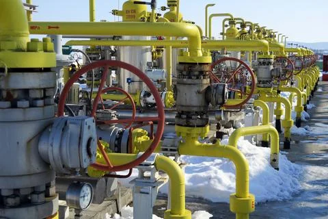 Pipelines in a compression station Stock Photos