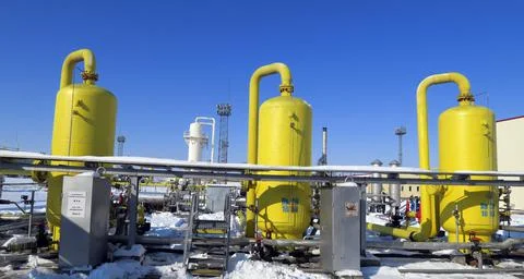 Pipelines in a compression station Stock Photos