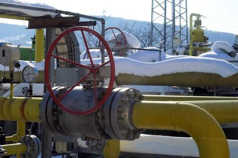 Pipelines in a compression station Stock Photos