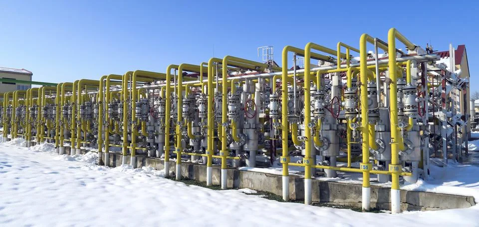 Pipelines in a compression station Stock Photos