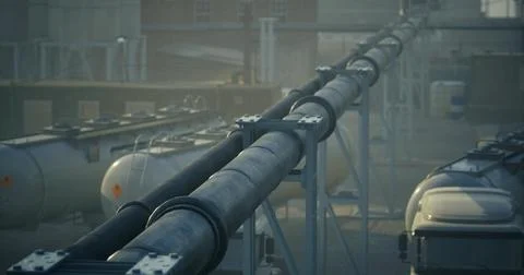 Pipelines transporting materials through a misty industrial landscape Illustration