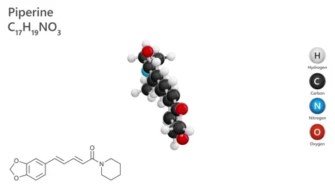 Piperine. 3D model of a molecule. C17H19NO3. White background. 3D render Stock Footage 294572162