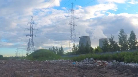 Pipes and power towers in summer timelapse Stock Footage 82985853