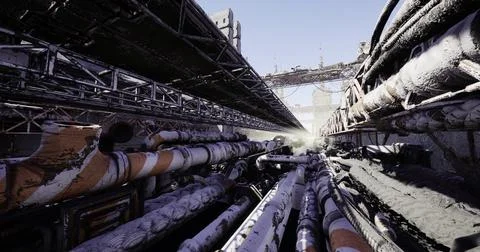 Pipes and structures in a desolate industrial area during early morning light Stock Illustration