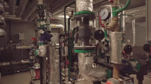 Pipes and taps of the heating system in the boiler room Stock Footage 249963255