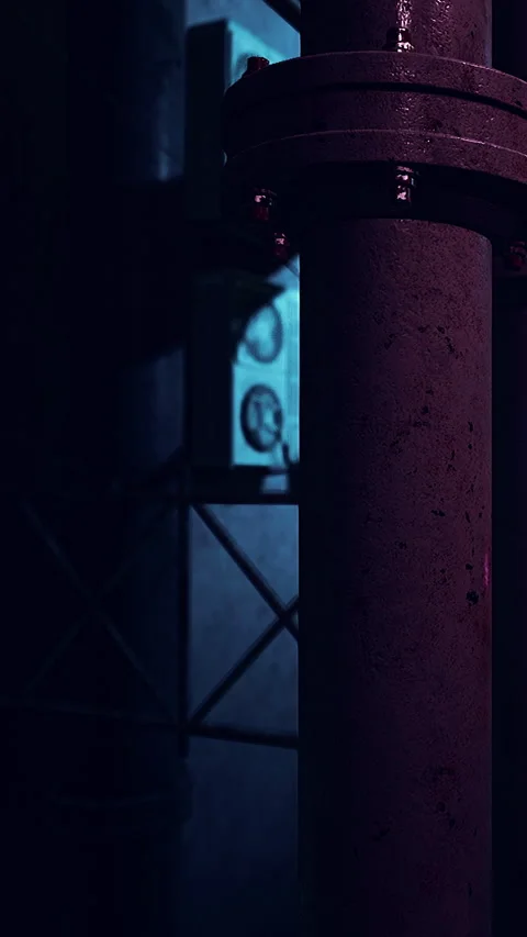 Pipes in a dark space with blue lighting and industrial elements Stock Footage 337959197